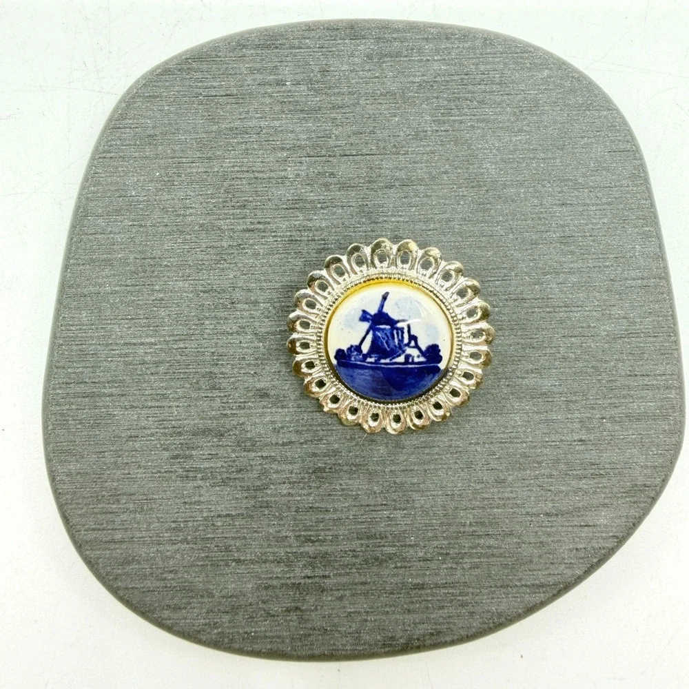 Blue White Delft Style Windmill Cabochon Silver Tone Brooch Pin Dutch Art Gift